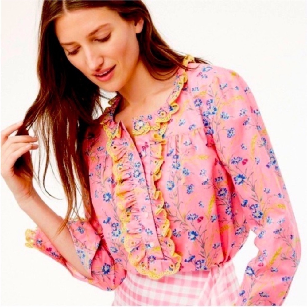J. Crew X Liberty Pink Poplin Floral Butterfly Ruffle Long Sleeve Blouse Size XS